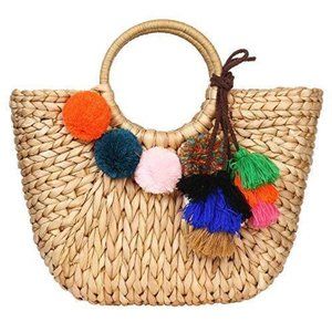 Summer Rattan Bag for Women Straw Hand-woven Top-handle Khaki Pink With Pom Poms